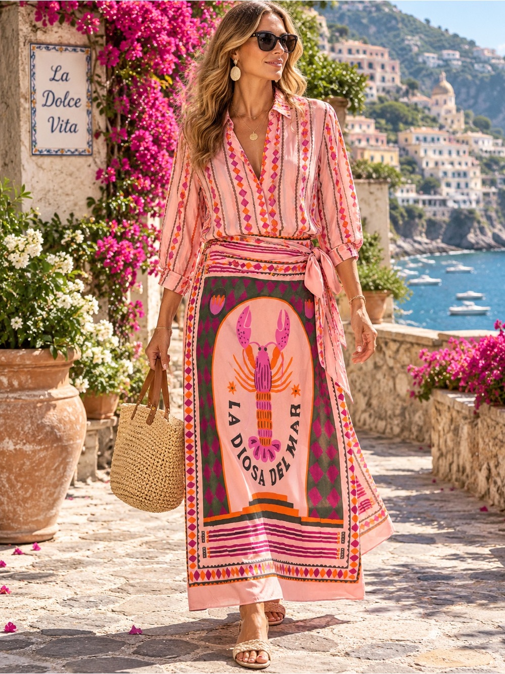 OZ Padova Italy La Diosa Del Mar Lobster Maxi Skirt Blouse Set NWT
